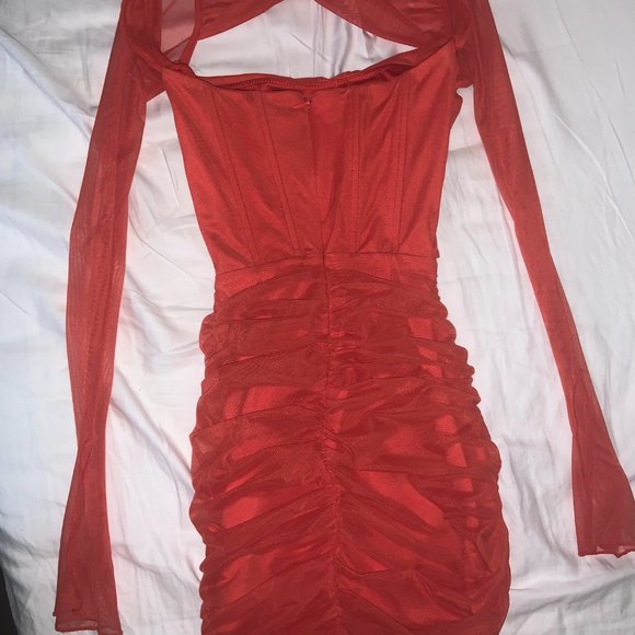 (WORN ONCE) Oh Polly Nirvana Long Sleeved Red Ruched Mini Dress - Picture 6 of 6